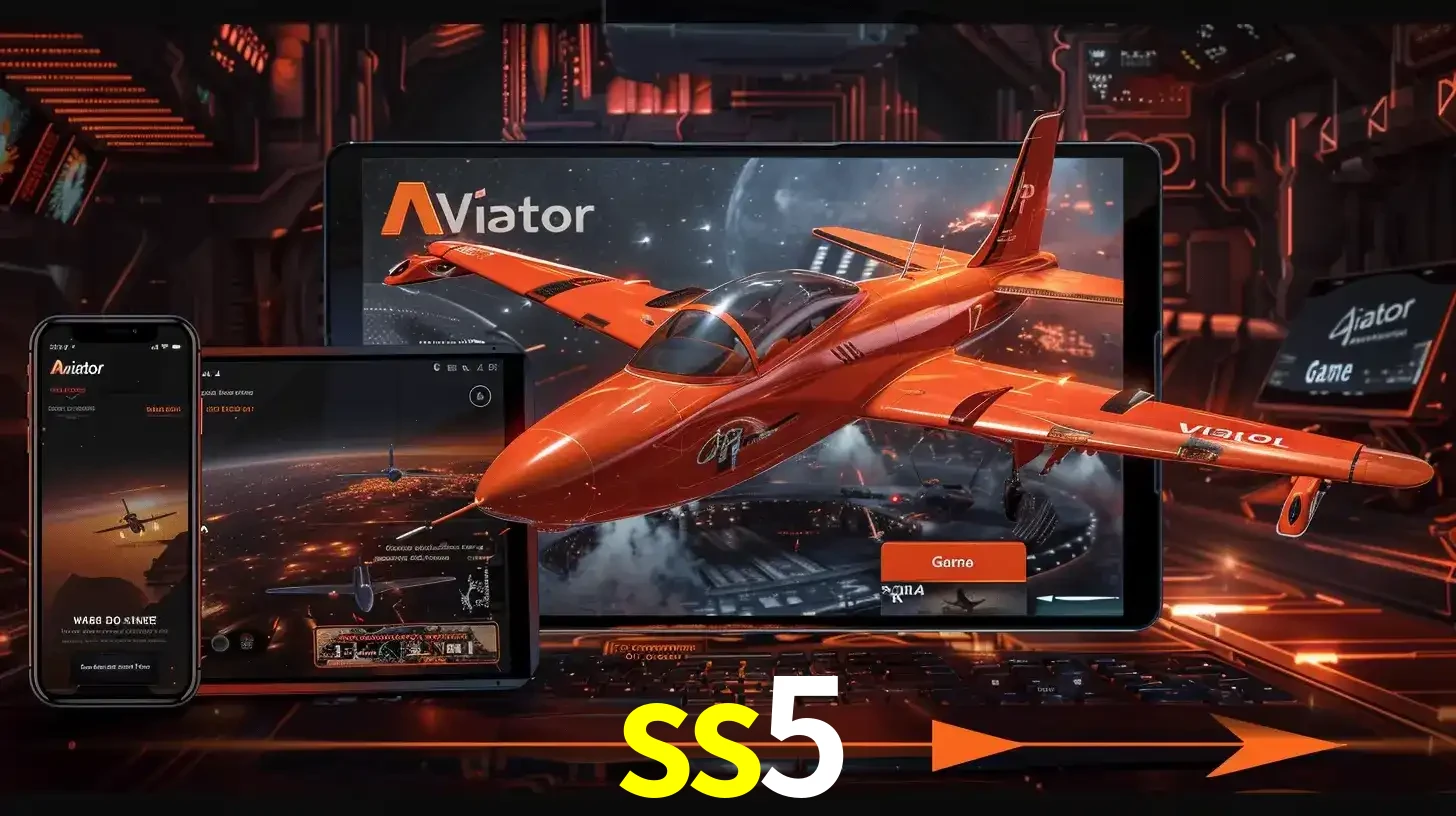 Apresentação tecnológica do jogo Aviator com um avião saindo da tela de um tablet, demonstrando a experiência imersiva em múltiplos dispositivos no ss5.