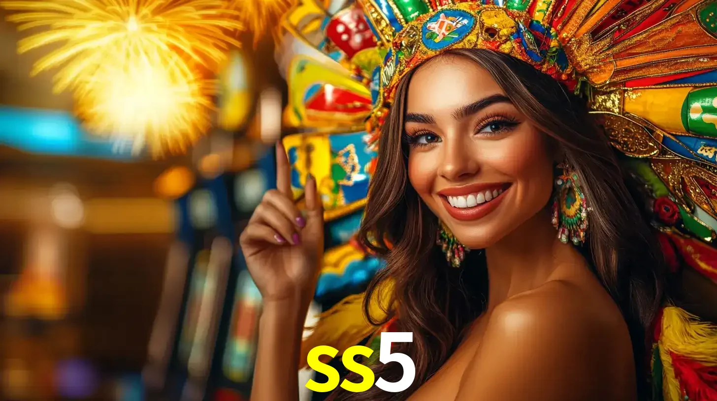 Mulher sorridente com um cocar de carnaval vibrante e colorido, celebrando uma grande vitória nos jogos do cassino ss5 com fogos de artifício ao fundo.