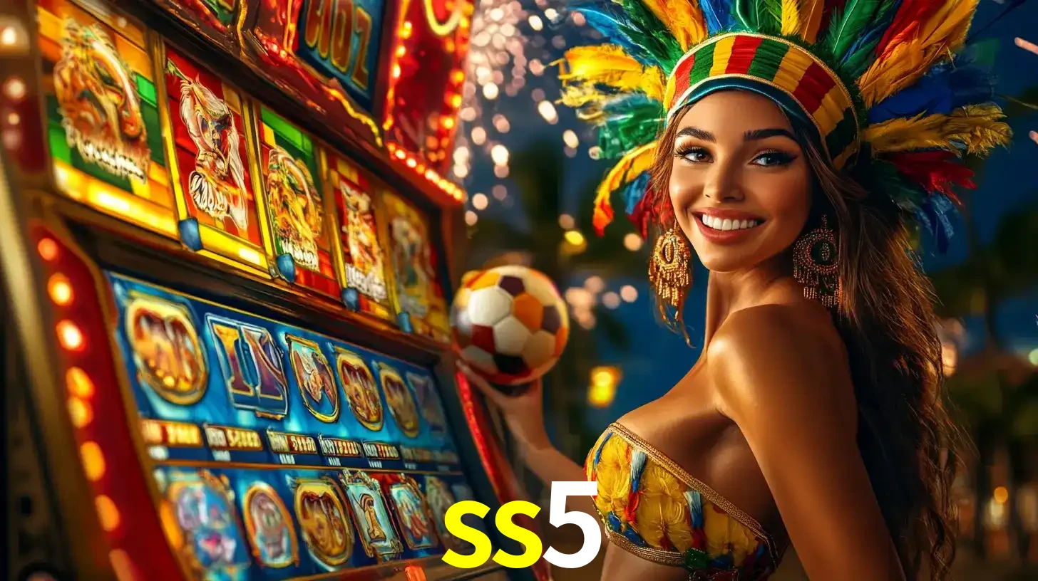 Mulher com um cocar de carnaval ao lado de uma máquina de caça-níqueis enquanto segura uma bola de futebol, mostrando a união da diversão de cassino e esportes no ss5.