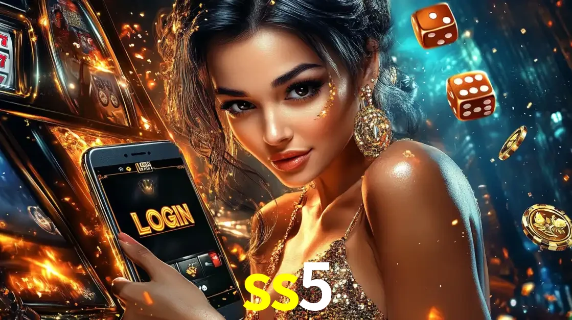 Mulher glamourosa segurando um celular com a tela de login do cassino ss5, rodeada por dados e moedas douradas, pronta para começar a diversão.