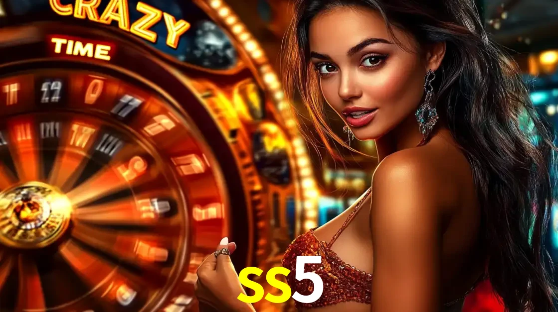 Mulher ao lado da roda de prêmios do jogo de cassino ao vivo Crazy Time, um dos shows de jogos mais emocionantes oferecidos pela plataforma de apostas ss5.