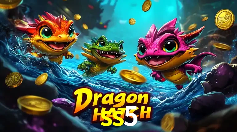 Arte promocional do jogo Dragon Hatch com três adoráveis dragões bebês nadando entre moedas de ouro, um dos slots mais divertidos para jogar no cassino ss5.