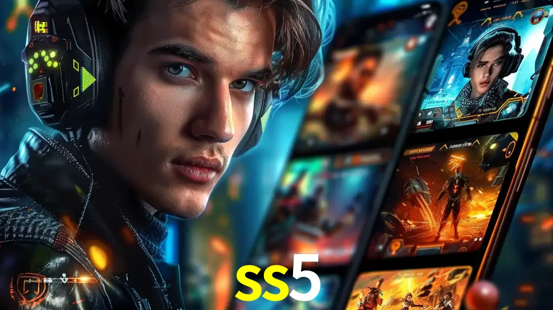 Jovem jogador com fones de ouvido olhando para a câmera, com um aplicativo de jogos e e-sports para celular ao fundo, pronto para a competição e apostas no ss5.