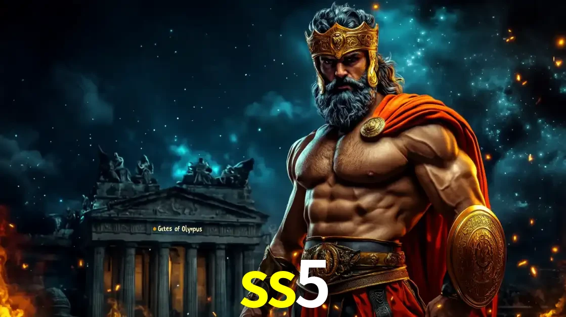 O poderoso Zeus do jogo de slot Gates of Olympus em frente ao seu templo, pronto para lançar multiplicadores divinos e prêmios épicos no cassino online ss5.