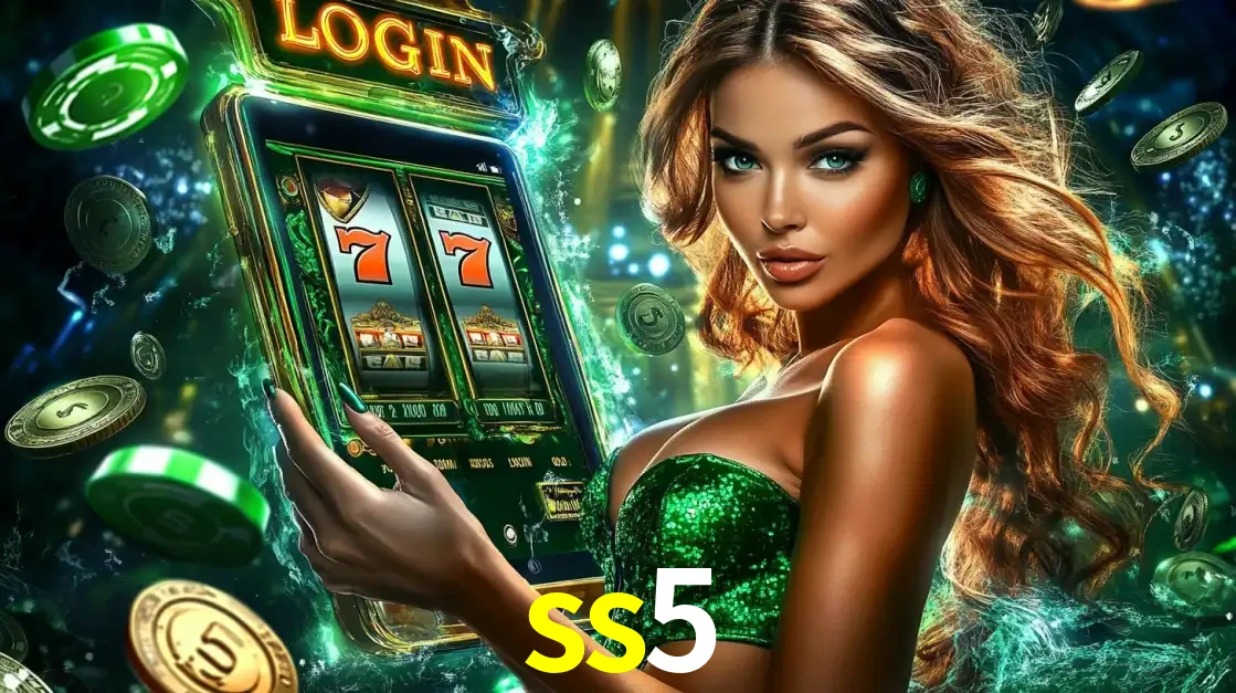 Mulher com tema verde apresentando o aplicativo do cassino ss5 com um jogo de slot de 777, cercada por fichas de cassino e uma aura de sorte.