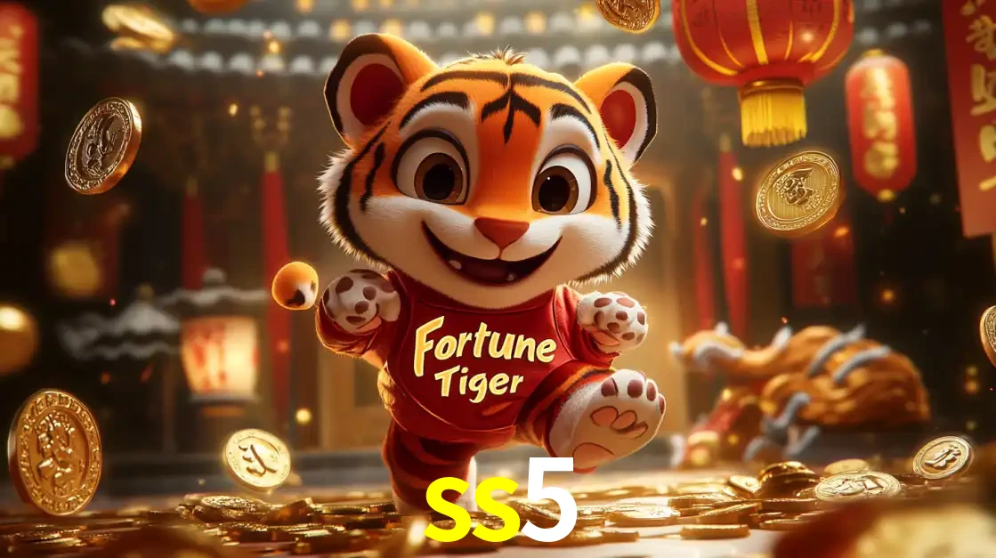 O alegre personagem do Fortune Tiger correndo sobre um caminho de moedas de ouro, simbolizando os grandes prêmios e a diversão do popular jogo de slot do ss5.