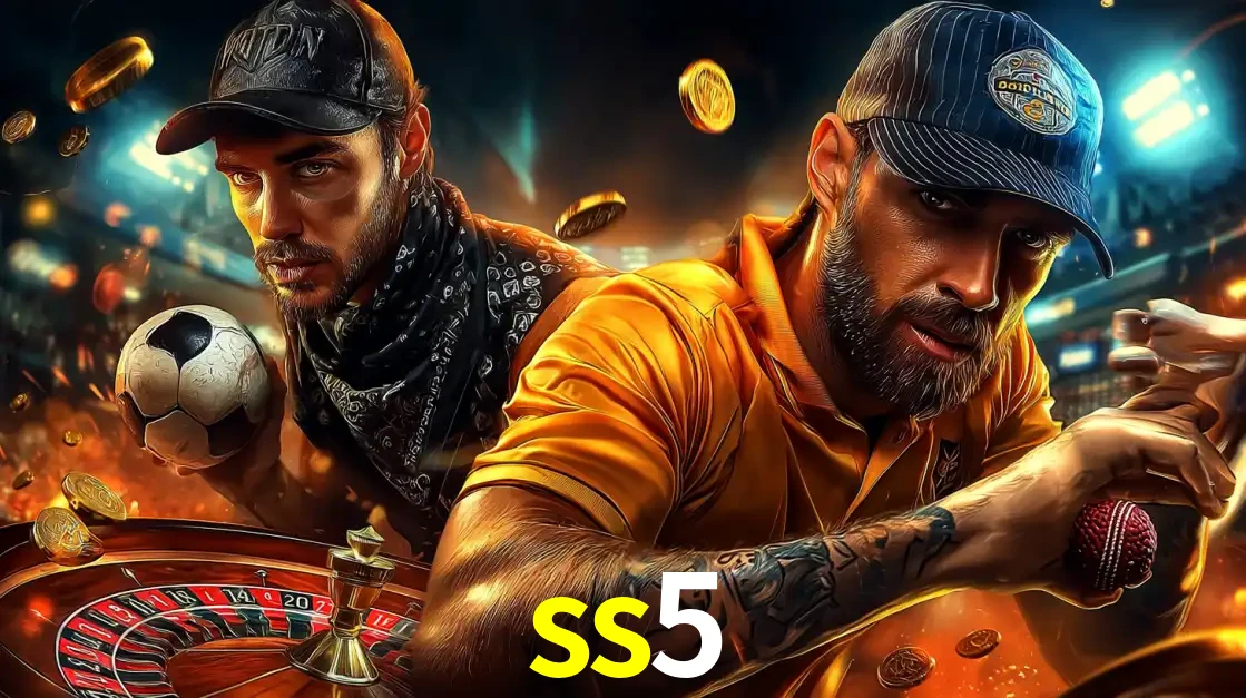 Montagem de apostas esportivas e cassino no ss5, com um homem segurando uma bola de futebol e outro uma de beisebol sobre uma roleta e moedas voadoras.