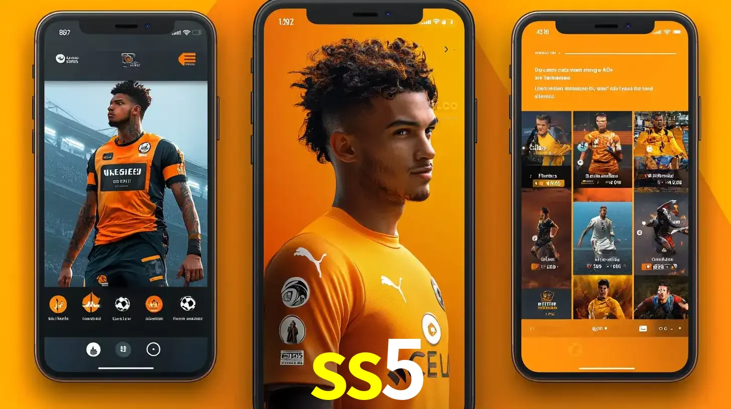 Interface do aplicativo de apostas esportivas ss5 em três telas de celular, mostrando o perfil de um jogador de futebol e a lista de jogos disponíveis para apostar.