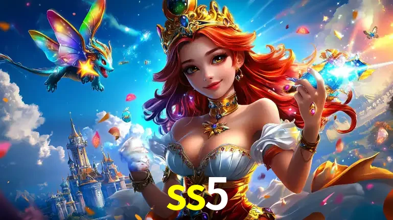 A princesa de um reino de fantasia mágico, com seu pequeno dragão, apresentando um mundo de prêmios encantados nos jogos de caça-níqueis do cassino ss5.