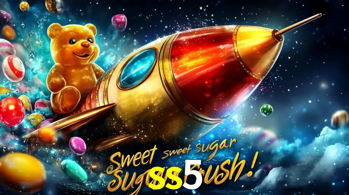 Arte promocional do jogo de slot Sugar Rush, com um urso de pelúcia em um foguete viajando pelo espaço de doces, um dos jogos divertidos disponíveis no cassino ss5.