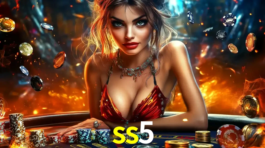 Mulher em uma mesa de cassino com pilhas de fichas e um fundo de fogo, pronta para uma rodada de altas apostas nos jogos de mesa emocionantes do cassino ss5.