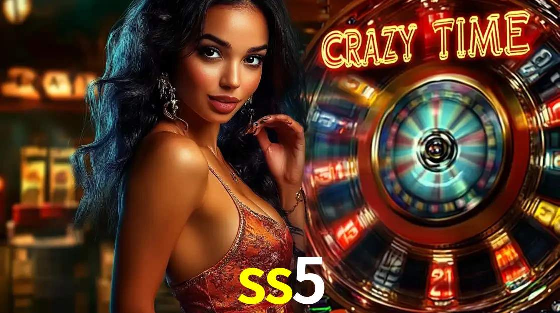 Mulher elegante ao lado da vibrante roda da fortuna do jogo de cassino ao vivo Crazy Time, um dos game shows mais populares e cheios de prêmios do ss5.