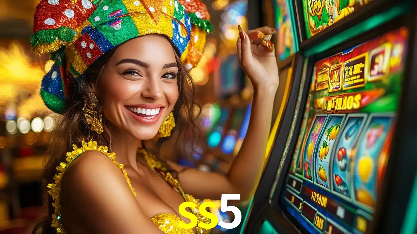 Mulher feliz com traje de carnaval amarelo e colorido ao lado de uma máquina de caça-níqueis, aproveitando a diversão e os jogos temáticos do cassino ss5.