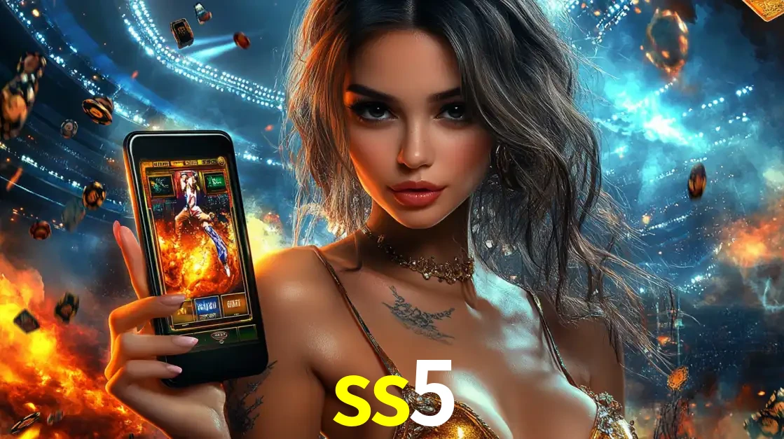 Mulher segurando um celular com um jogo de slot em destaque, tendo como fundo um estádio vibrante, simbolizando a emoção de jogar no cassino móvel ss5.