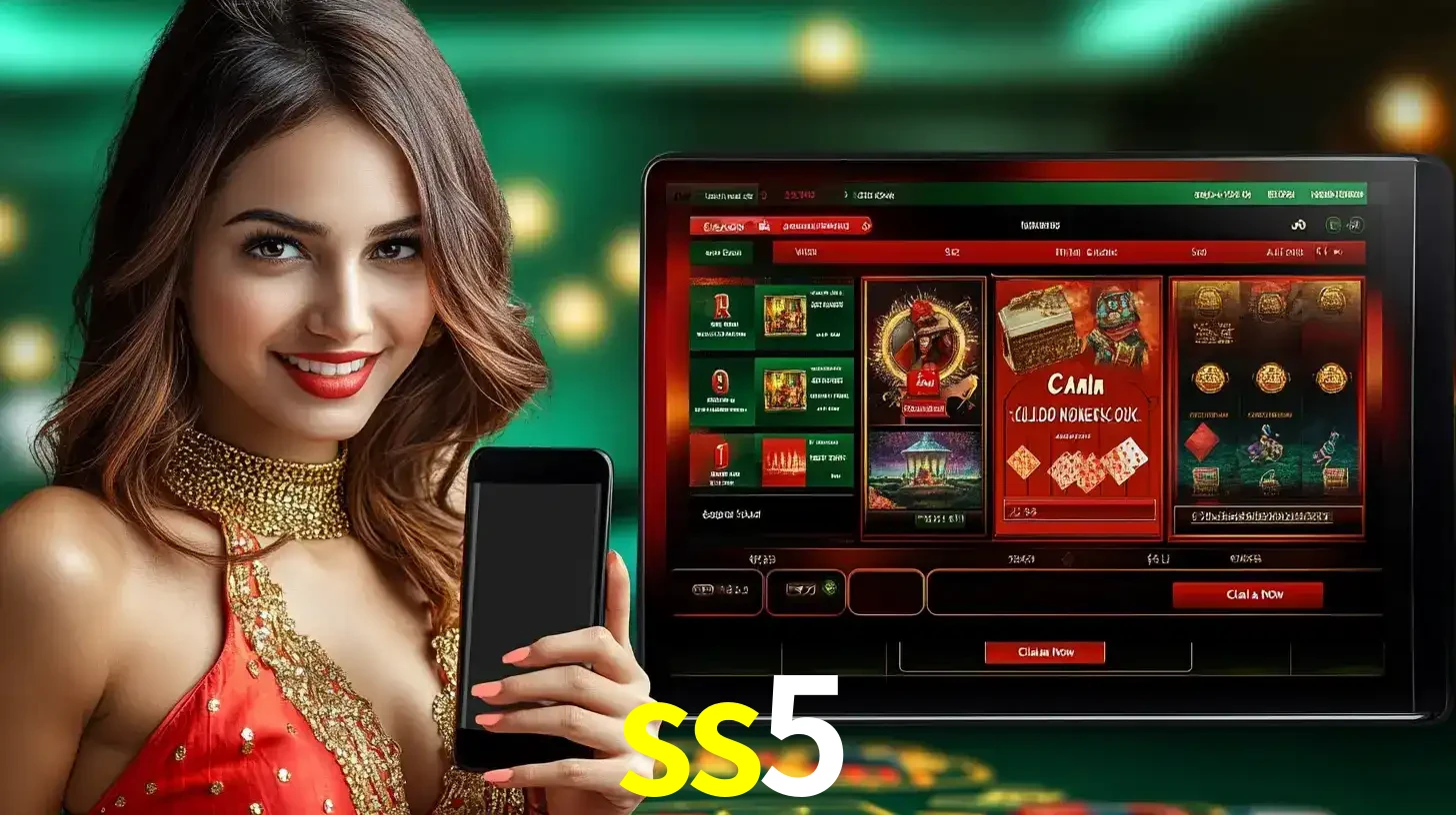 Mulher sorridente segurando um smartphone, ao lado de uma tela exibindo o lobby de jogos do cassino online ss5, com várias opções de jogos de cartas e slots.